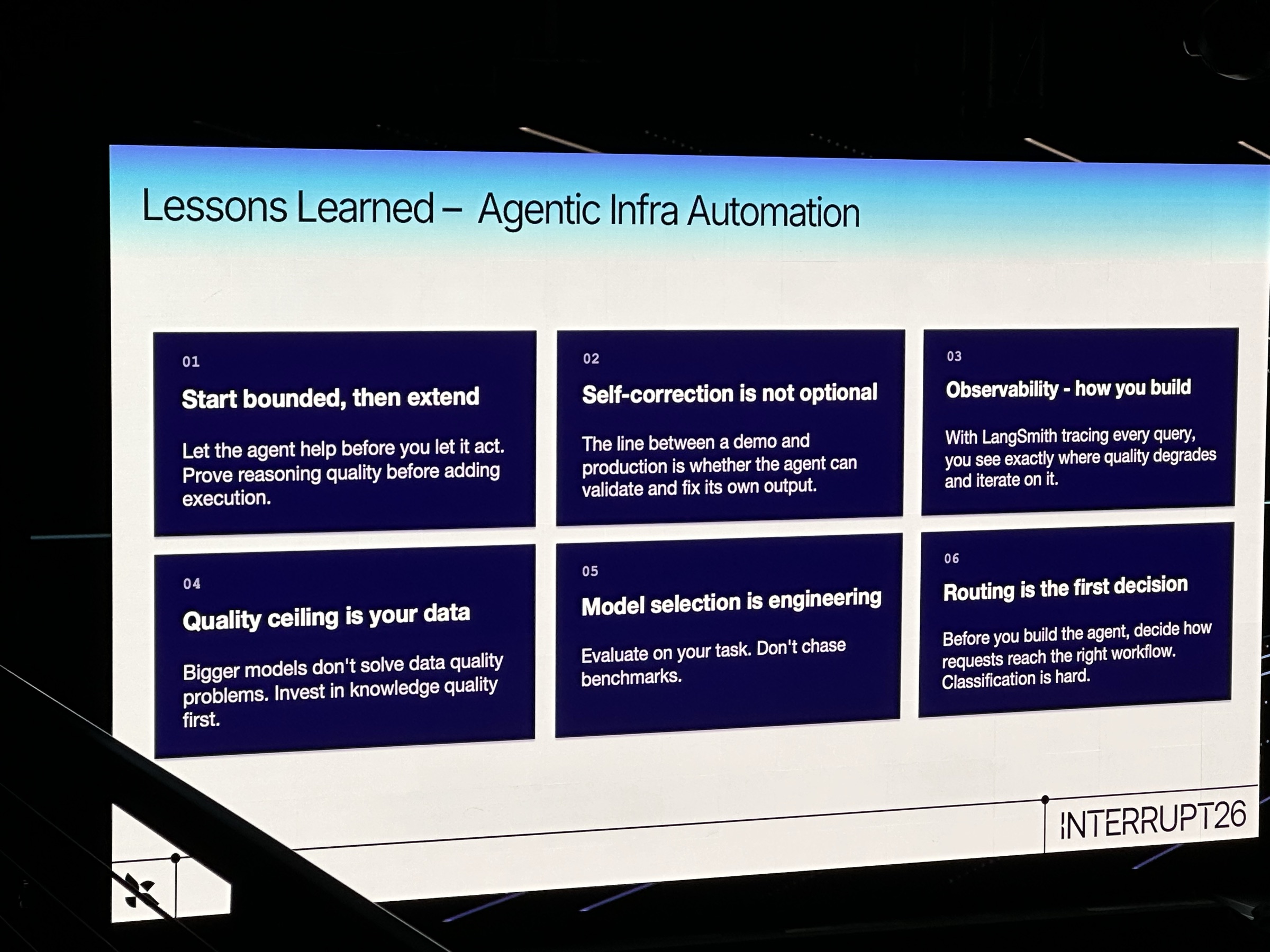 Cisco slide titled Lessons Learned — Agentic Infra Automation with six lessons
