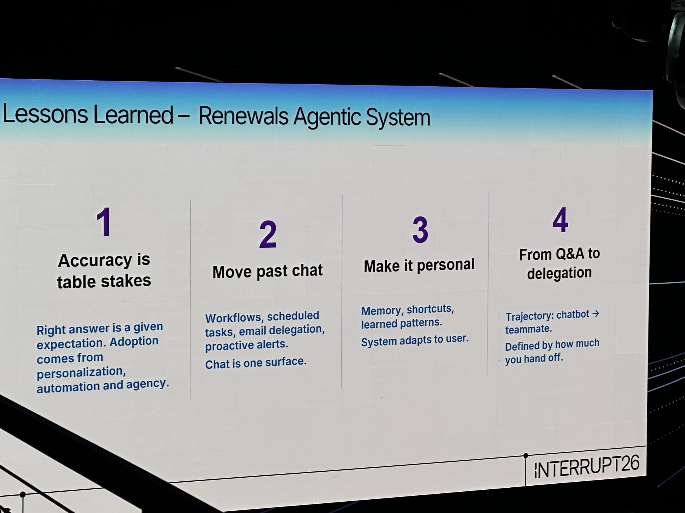 Cisco slide titled Lessons Learned — Renewals Agentic System with four numbered lessons