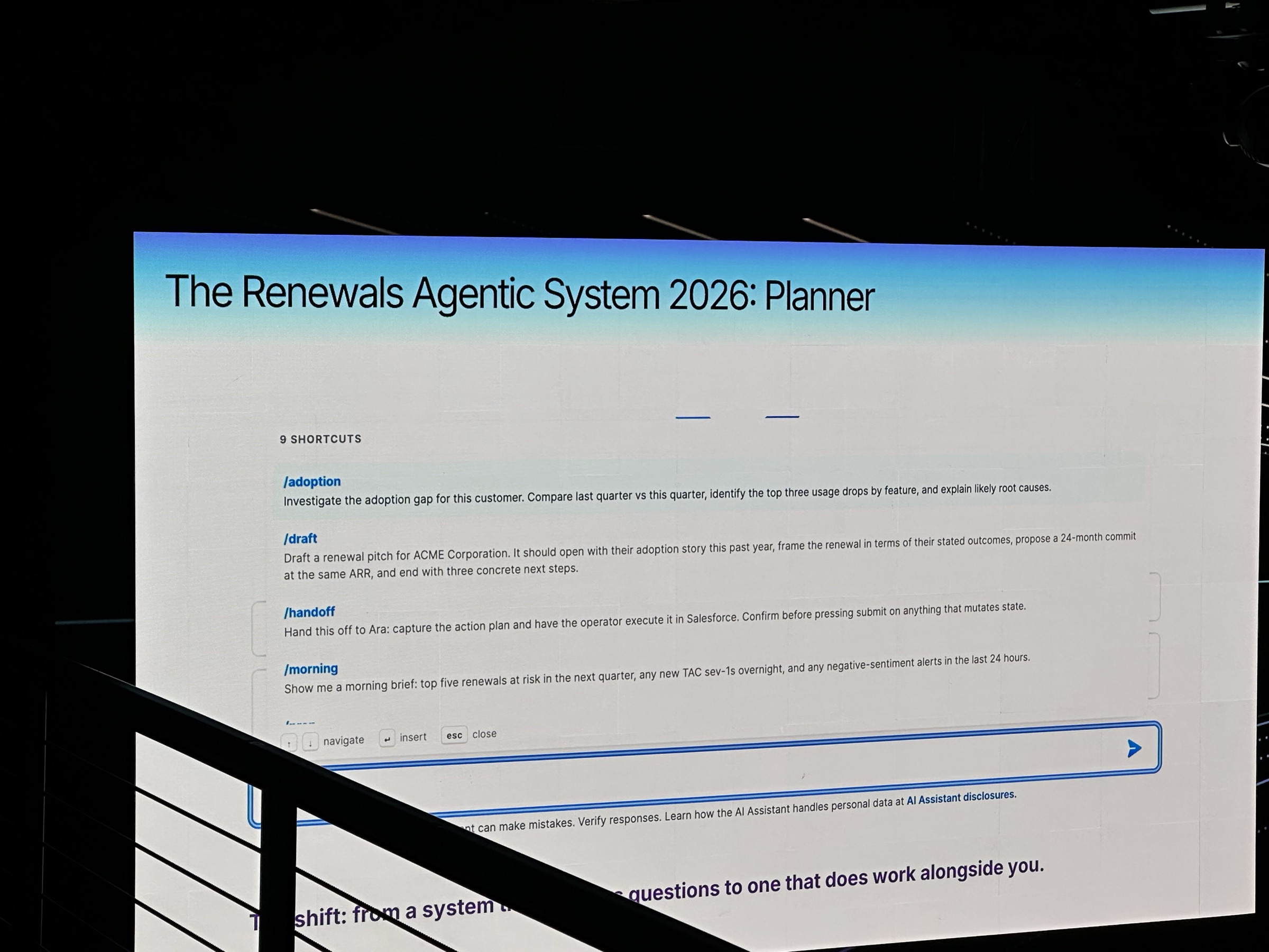 Cisco slide of the Renewals Agentic System Planner with slash-command shortcuts like /adoption, /draft, /handoff, and /morning