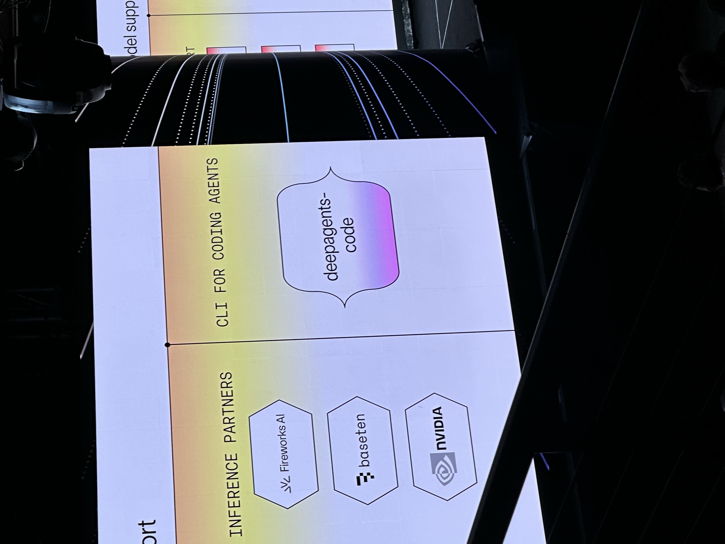 Keynote slide: the deepagents-code CLI for coding agents with inference partners Fireworks AI, Baseten, and NVIDIA