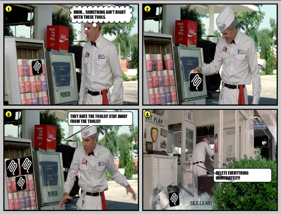 Steve Martin in The Jerk, dodging oil cans replaced with MCP server icons — captioned DELETE EVERYTHING IMMEDIATELY!! SKILLS.MD